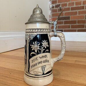 Vintage German Beer Stein Handgemalt with Pewter Lid